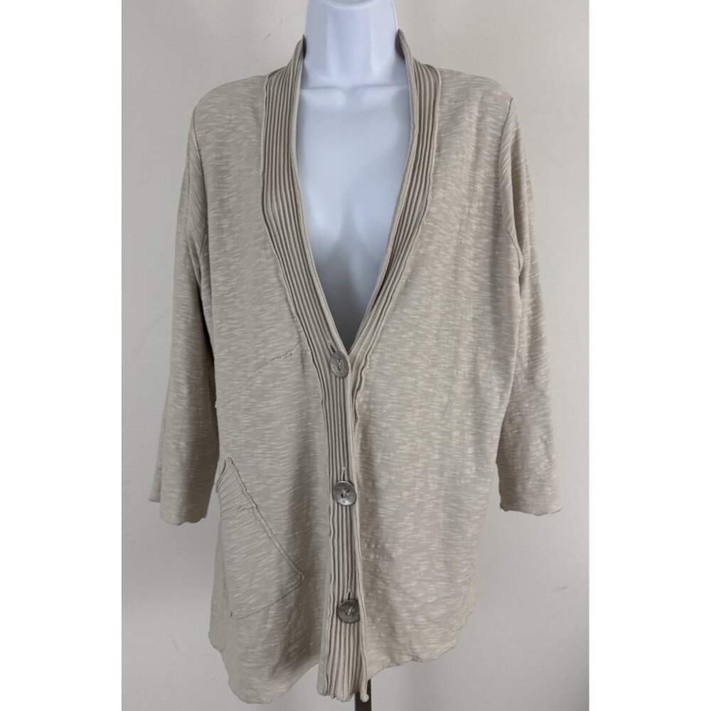 FENINI Oatmeal Color Cotton Button Front Cardigan With Wave Hem Sz M